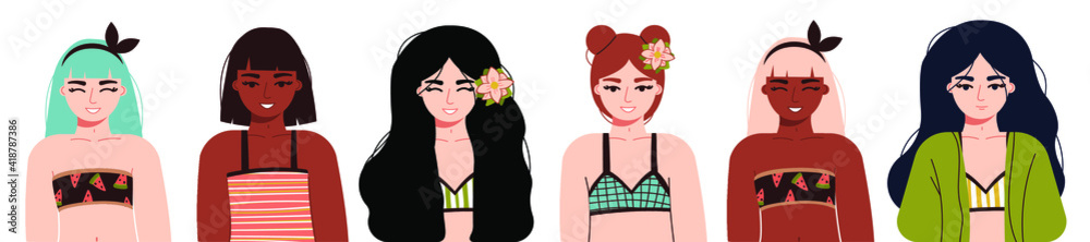 Happy girls in bikinis are resting on the sea. Women in bathing suits. Summer rest. Beautiful girl in a stylish bikini. Vector illustration. 