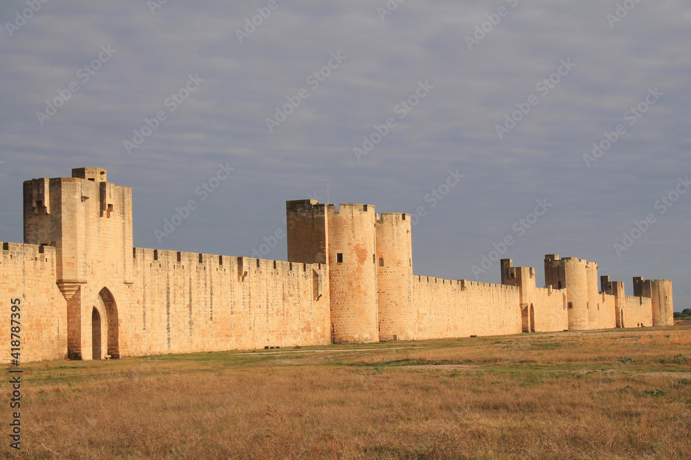 The ramparts of the medieval city of Aigues Mortes in the salt marshes, Camargue, France