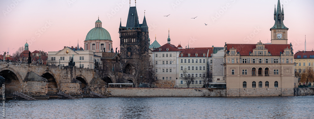 .panoramic view of Charles Bridge and silhouette of a seagull in the sky at sunset in Prague