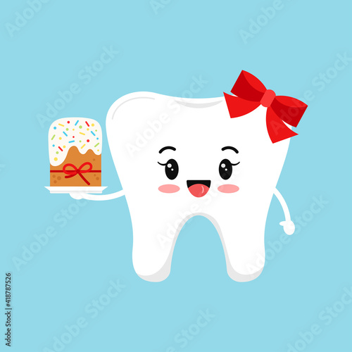 Cute tooth with easter cake dental icon isolated on background. Dentist white teeth easter character with sweet decorated cake. Flat cartoon vector kids dentistry clip art illustration