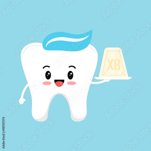 Cute tooth with curd easter dental icon isolated on background. Dentist white teeth easter character with sweet chesse cottage dessert. Flat cartoon vector kids dentistry clip art illustration