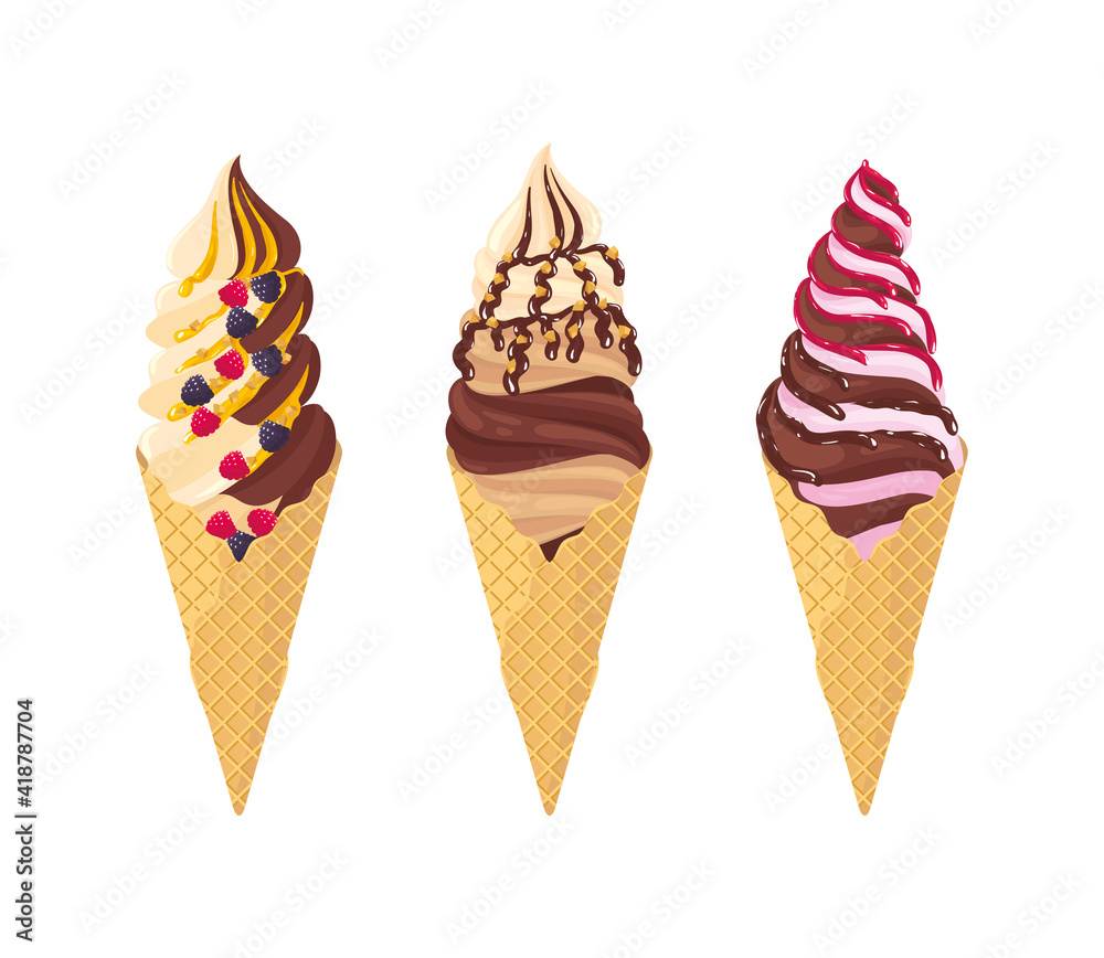 Set of vanilla, chocolate, raspberry ice cream, with caramel syrup, raspberry jam, chopped nuts in a waffle cone isolated on white. Vector illustration, symbol, element, icon, gourmet dessert Set of vanilla, chocolate, raspberry ice cream, with caramel syrup, raspberry jam, chopped nuts in a waffle cone isolated on white. Vector illustration, symbol, element, icon, gourmet dessert