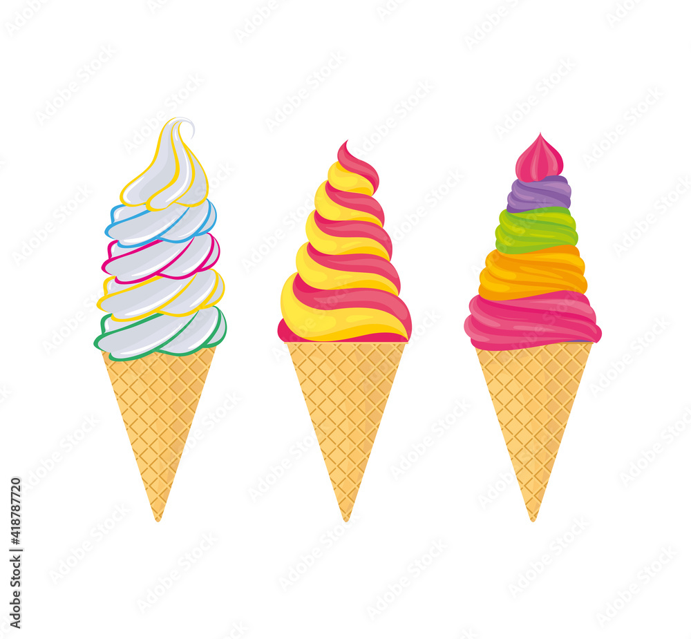 Set of multicolored creamy ice cream in a waffle cone. Vector illustration, icon, symbol, element, decoration, for postcard, poster, menu, print
