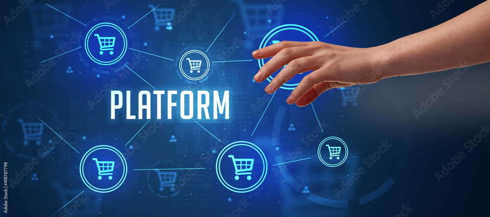 Close-Up of cropped hand pointing at PLATFORM inscription, online shopping concept Close-Up of cropped hand pointing at PLATFORM inscription, online shopping concept
