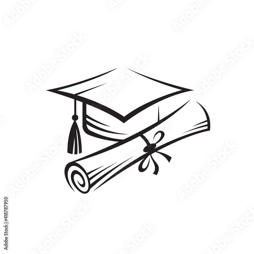 illustration of graduation cap and rolled diploma isolated on white background