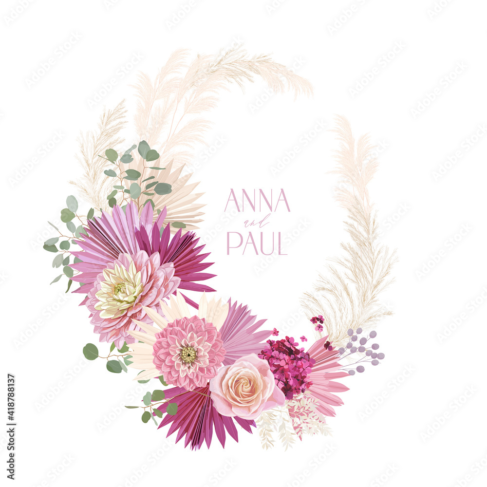 Wedding dry roses, dahlia flower, pampas grass floral wreath. Vector rustic  dried flowers, palm leaves boho Stock Vector | Adobe Stock