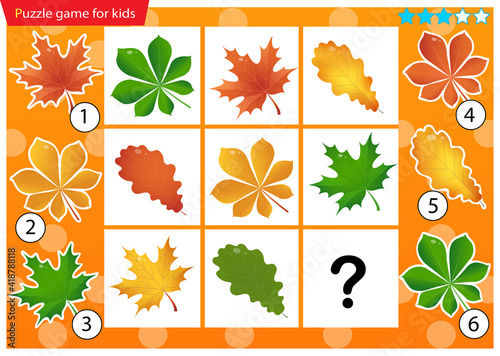 What item are missing? Leaves of trees. Leaf of oak, maple and chestnut. Logic puzzle game for kids. Education game for children. Sudoku puzzle. Worksheet vector design for schoolers