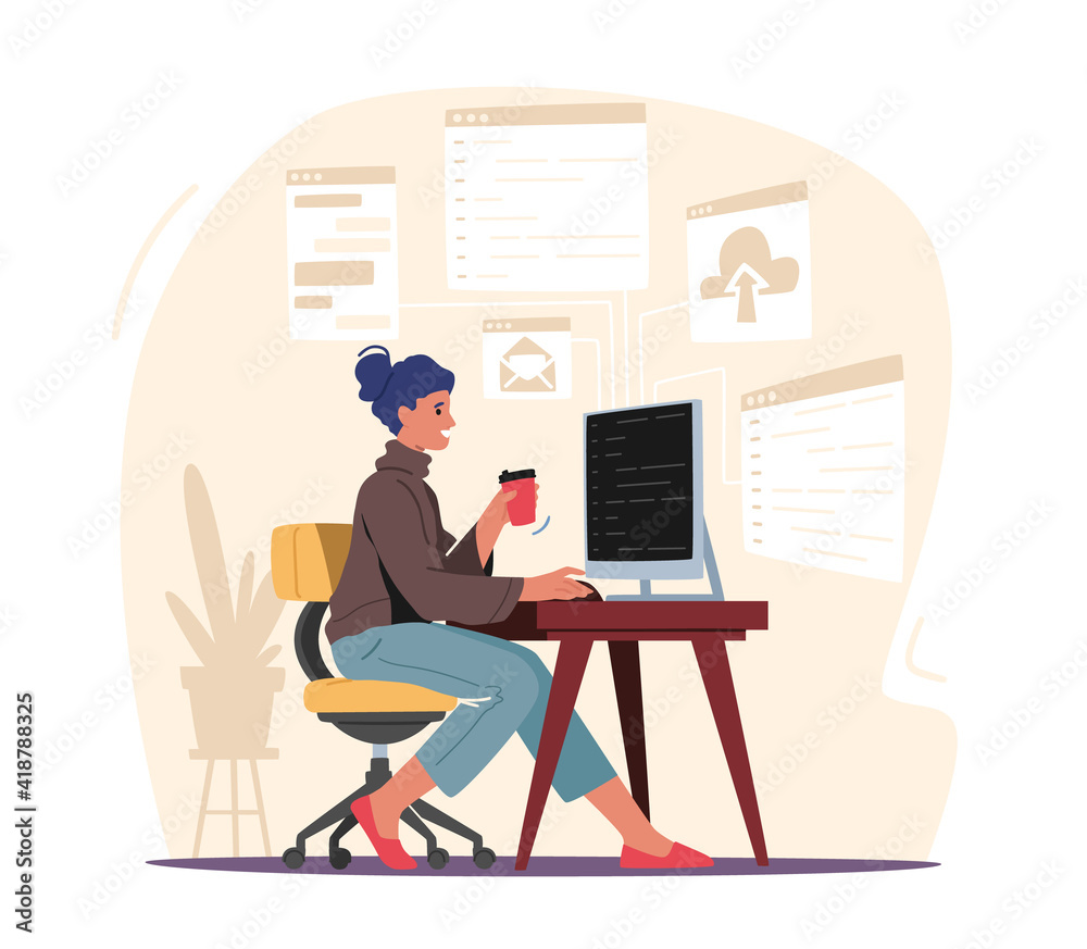 Programming Concept. Woman Programmer Make Site or Web Interface Project. Female Character Website Designer, Developer Programming Concept. Woman Programmer Make Site or Web Interface Project. Female Character Website Designer, Developer
