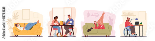 Set People at Home with Phones. Couple Sit at Table Having Breakfast with Smartphones in Hands. Men and Women Home Relax