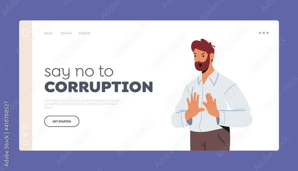 Say No to Corruption, Negative Feelings Expression Landing Page Template. Man in Formal Wear Showing Stop Gesture Say No to Corruption, Negative Feelings Expression Landing Page Template. Man in Formal Wear Showing Stop Gesture