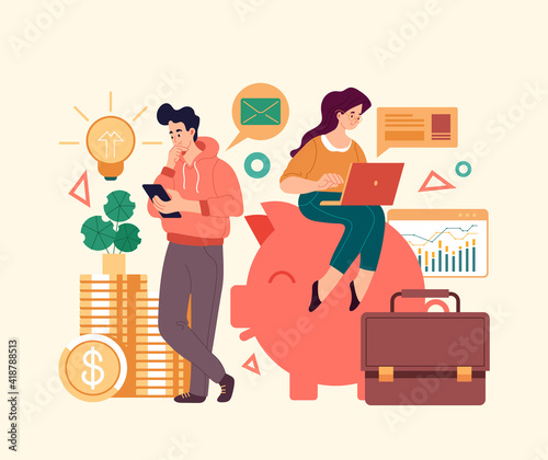 Busness people team characters working on business project. Vector simple modern style graphic design illusration