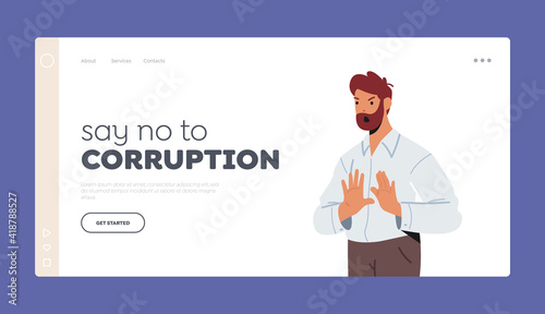 Say No to Corruption, Negative Feelings Expression Landing Page Template. Man in Formal Wear Showing Stop Gesture
