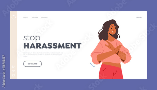 Stop Harassment Negative Emotions, Feelings Expression Landing Page Template. Angry Female Character Showing Stop Gesture