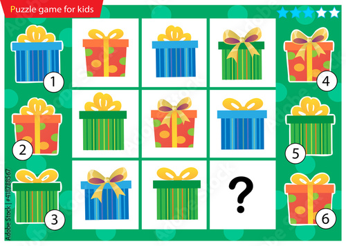 What item are missing? Holiday boxes, souvenirs and gifts. Logic puzzle game for kids. Education game for children. Sudoku puzzle. Worksheet vector design for schoolers.