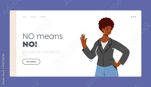 African Woman Express Negative Emotion, Disagree Feelings Gesturing Landing Page Template. Female Character Stop Gesture