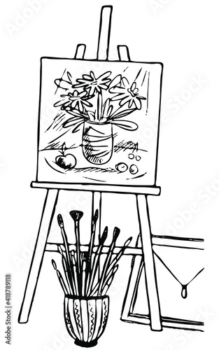An easel with a drawing and a lot of brushes, a drawing with an icon-symbol of artists, a contour black-and-white drawing by hand, a coloring isolated on a white background