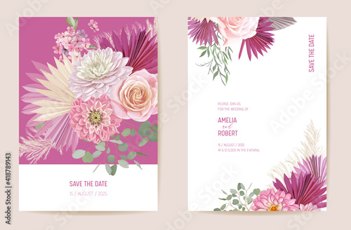 Print op canvas Wedding dried rose, dahlia, pampas grass floral Save the Date set
