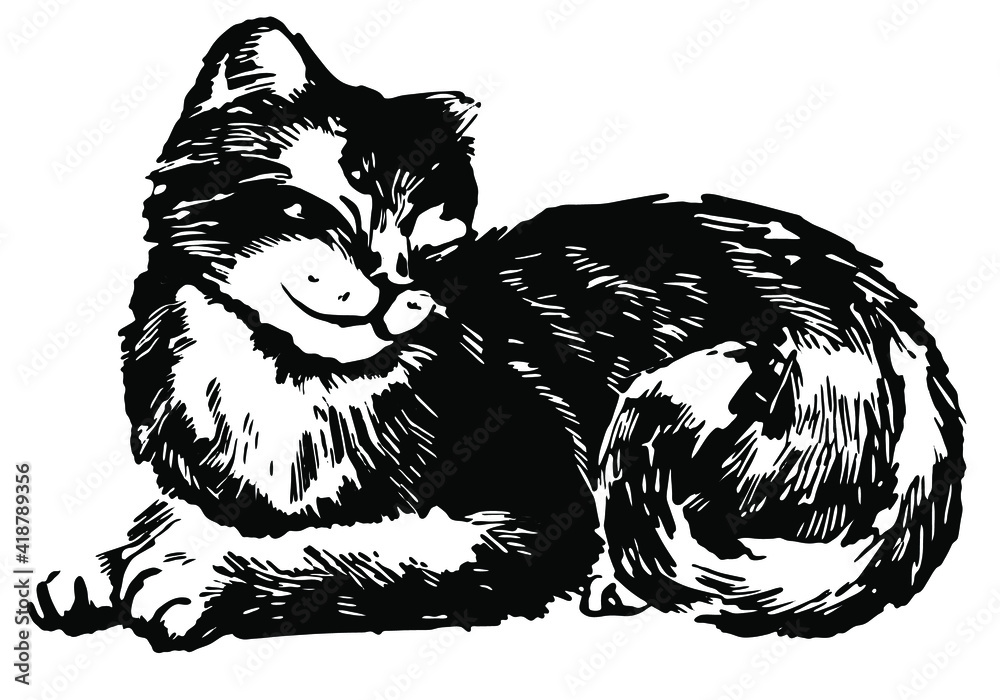 Sticker Black sitting cat. Vector illustration.