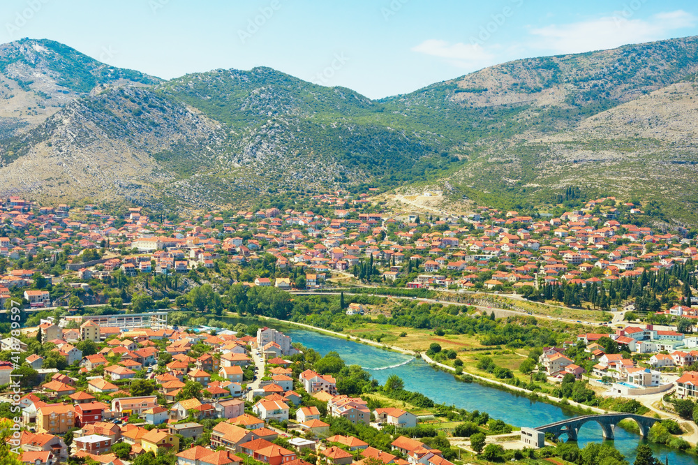 Beautiful sunny summer landscape. Bosnia and Herzegovina, Republika Srpska. View of ancient city of Trebinje from Crkvina Hill