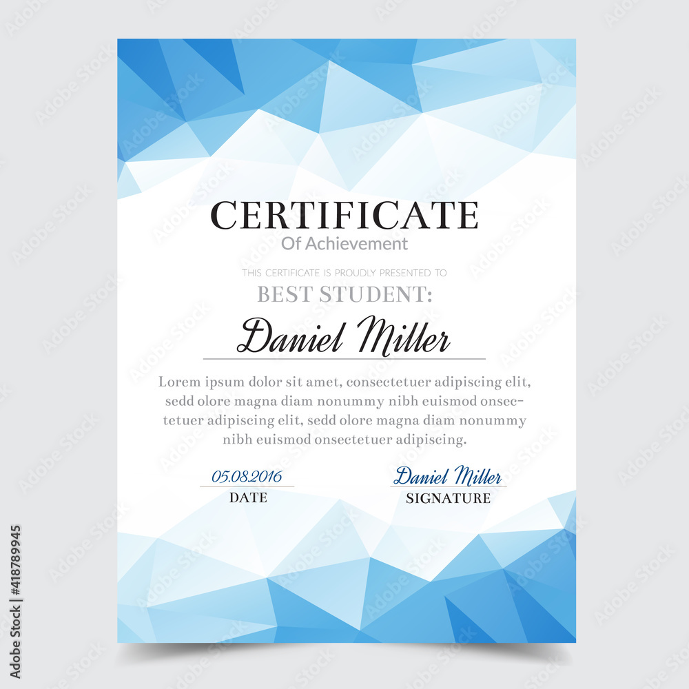 Certificate template with blue geometric elegant design, Diploma design graduation, award, success.