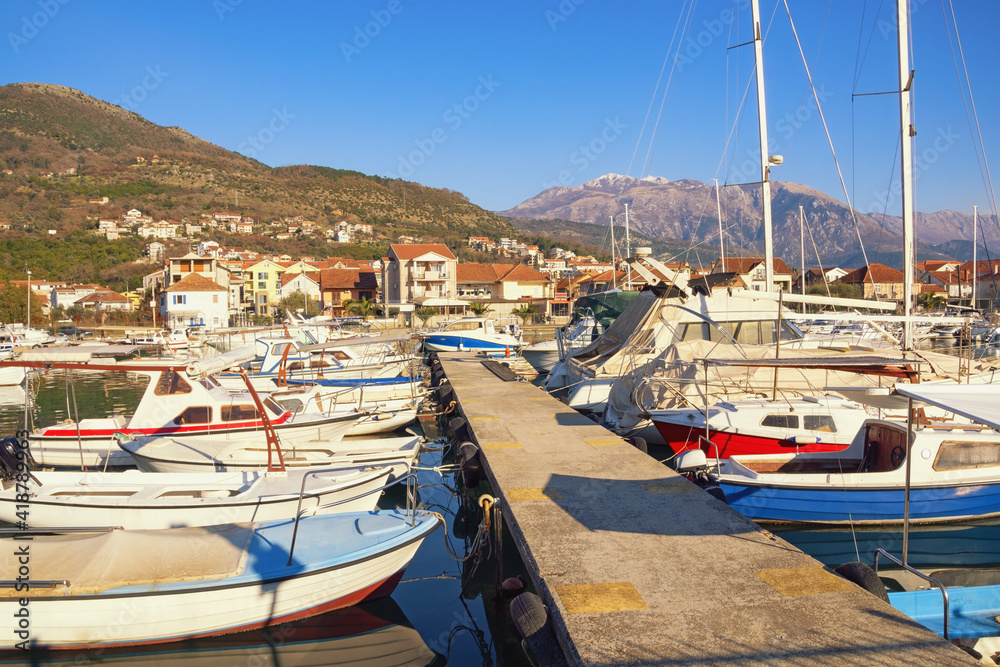 Obraz premium Beautiful Mediterranean landscape. Marina for fishing boats. Montenegro, Tivat city, view of marina Kalimanj