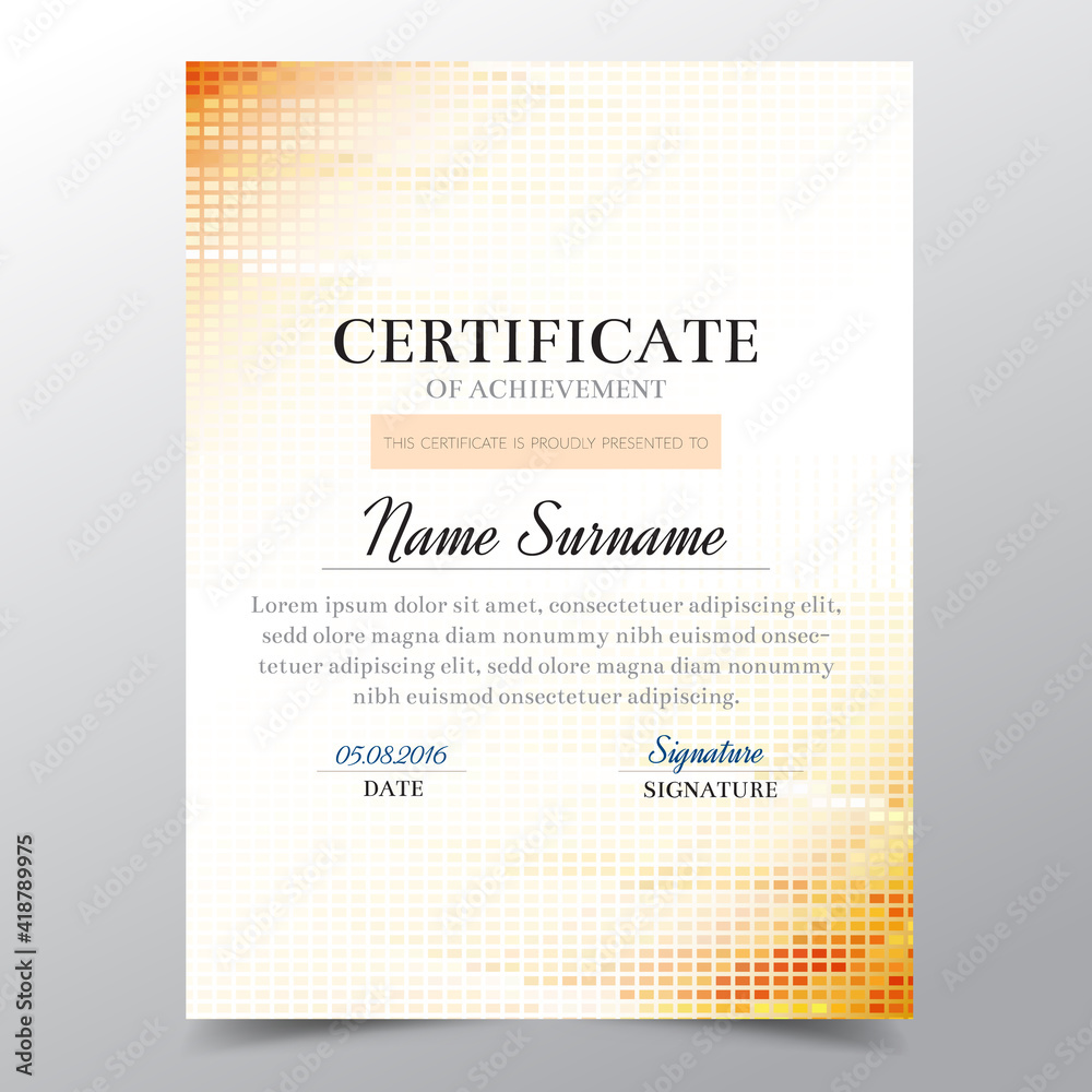Certificate template with orange geometric elegant design, Diploma design graduation, award, success.