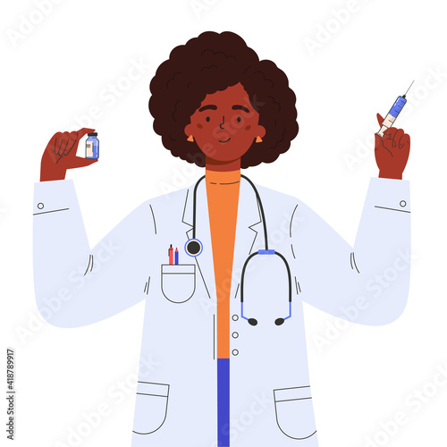 Vaccine discovery concept. Scientists doctor with test tube and syringe. Young female african american doctor in a medical gown. Vector illustration in flat cartoon style.