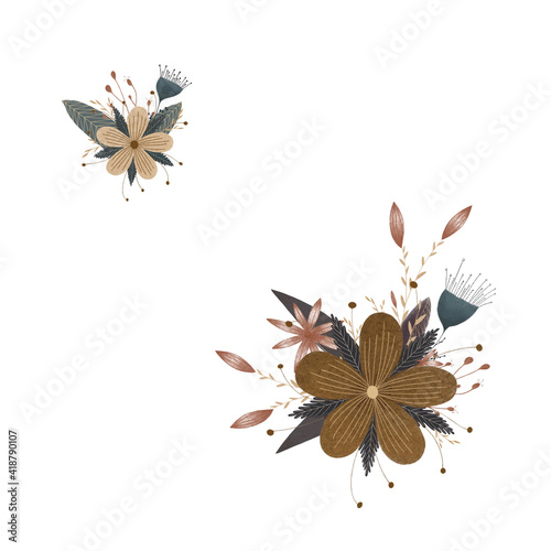 Compositions of flowers and leaves , bouquets in calm brown tones 