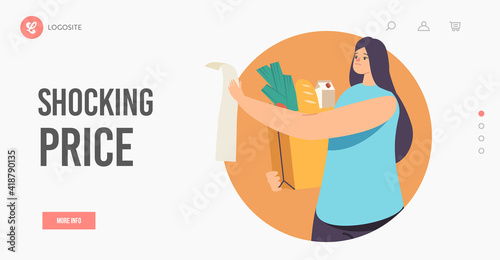 Shocking Price Landing Page Template. Upset Female Character Shocked with Products Price in Store. Customer with Food