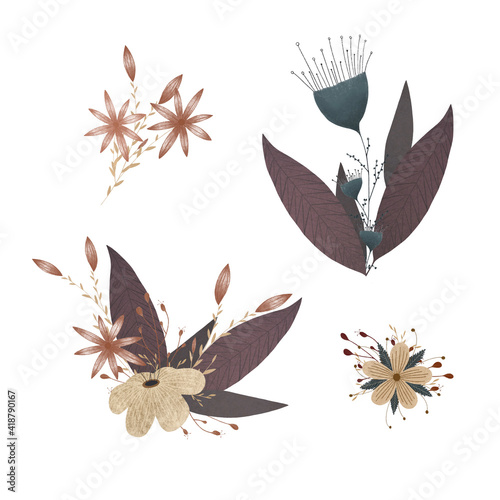Compositions of flowers and leaves , bouquets in calm brown tones 