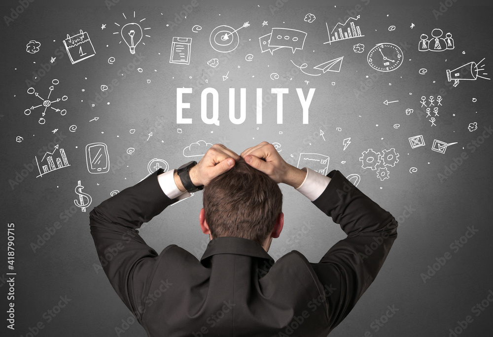 Rear view of a businessman with EQUITY inscription, modern business concept Rear view of a businessman with EQUITY inscription, modern business concept