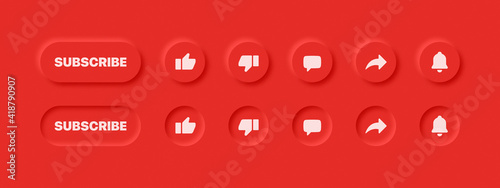 Neumorphic UI UX Design Elements 3D Vector Buttons YouTube Like Dislike Comment Share Notifications On Abstract Red Background. Active And Inactive Social Media Icons Neumorphism Design Red Version