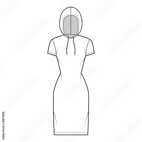Hoody dress technical fashion illustration with short sleeves, knee length, fitted body, Pencil fullness. Flat apparel sweater template front, white color style. Women, men, unisex CAD mockup