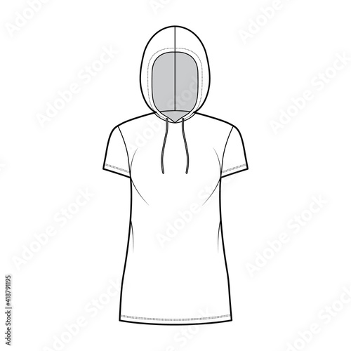Hoody dress technical fashion illustration with short sleeves, mini length, oversized body, Pencil fullness. Flat sweater top apparel template front, white color. Women, men, unisex CAD mockup