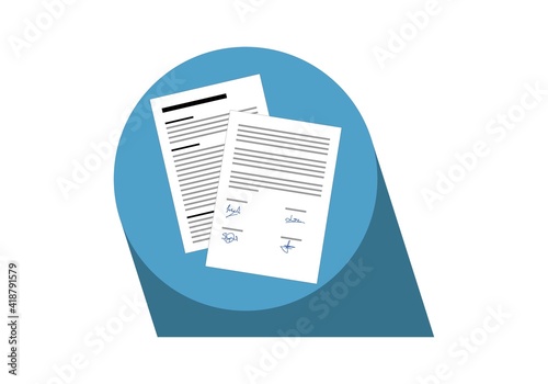 Icono de contrato de compraventa sobre círculo azul con sombra