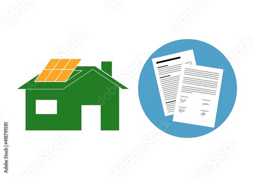 Icono de contrato de compraventa con icono de casa con placas solares de energía renovable