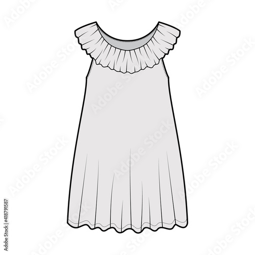 Negligee dress Sleepwear Pajamas technical fashion illustration with mini length, oversized, Pierrot frilled collar, trapeze silhouette. Flat front, grey color style. Women, men unisex CAD mockup