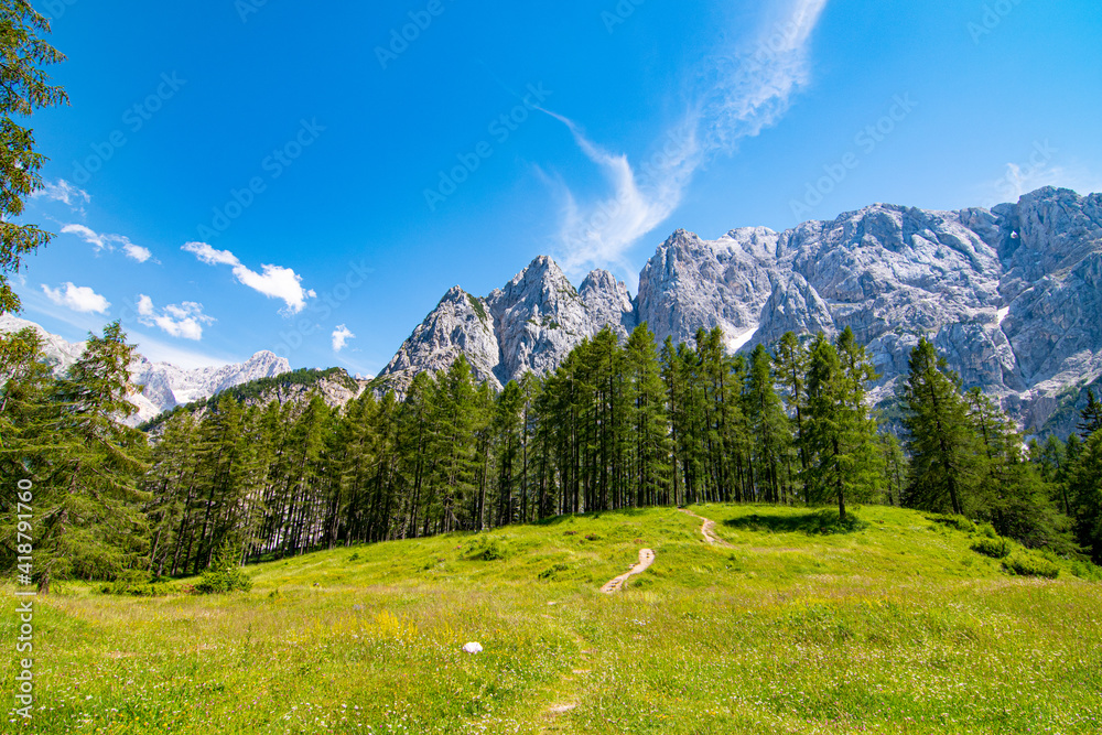 Panoramatic scenery of Julian Alpes visible from route 201 to Krajnska gora, Slovenia