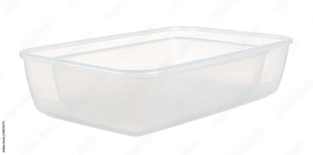 Two empty different size transparent plastic food containers without lids in stack isolated on white background