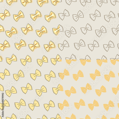 Farfalle pasta. Pattern set. Farfalle vector illustration in different styles. Bow-tie pasta seamless pattern in different styles for menu, book, or package background. Italian food.
