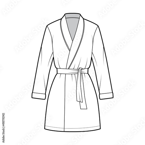 Bathrobe Dressing gown technical fashion illustration with wrap opening, mini length, oversized, tie, long sleeves. Flat garment apparel front, white color style. Women, men unisex CAD mockup
