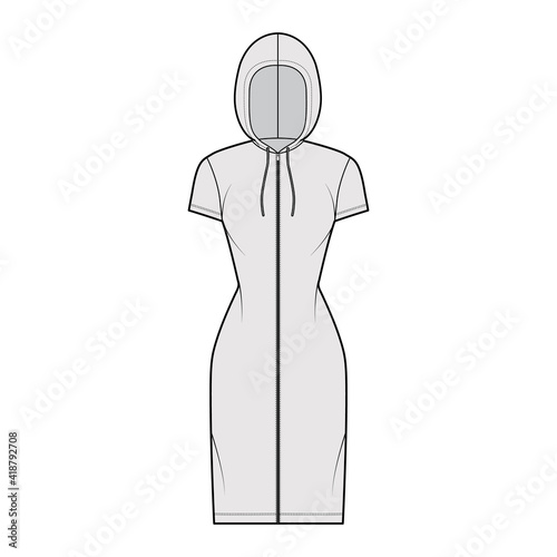 Zip-up Hoody dress technical fashion illustration with short sleeves, knee length, fitted body, Pencil fullness. Flat apparel template front, grey color style. Women, men, unisex CAD mockup