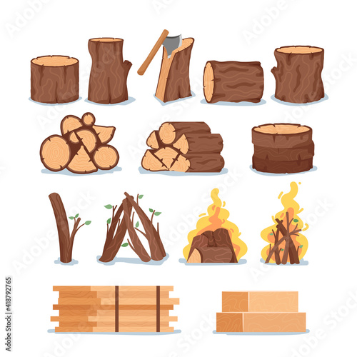 Set of Firewood, Tree Logs, Round Slices, Burning Fire, Saw Cut Tree Trunks, Circular Log Pieces, Manufactured Planks