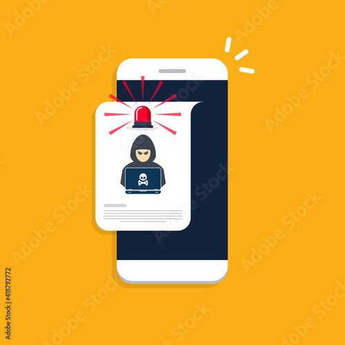 Hacker, malware notification on mobile phone. Smartphone with red flasher hacker alert, spam data on cellphone fraud error message, scam, virus.