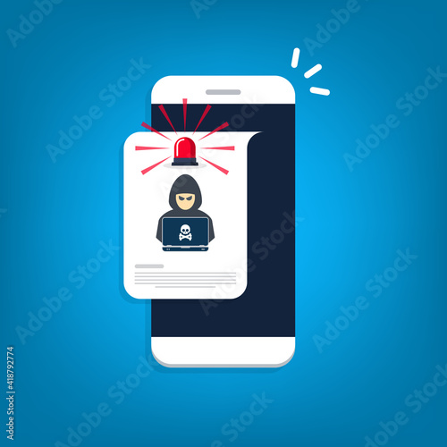 Free Download Hacker, malware notification on mobile phone. Smartphone with red flasher hacker alert, spam data on cellphone fraud error message, scam, virus. - GFXLoad