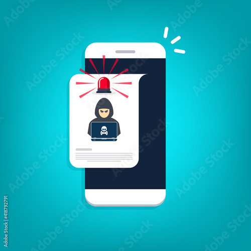 Hacker, malware notification on mobile phone. Smartphone with red flasher hacker alert, spam data on cellphone fraud error message, scam, virus.