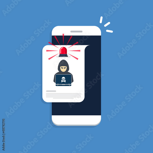 Hacker, malware notification on mobile phone. Smartphone with red flasher hacker alert, spam data on cellphone fraud error message, scam, virus.