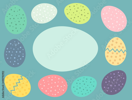 Easter eggs card background. Colorful Easter eggs border. Bird eggs collection.