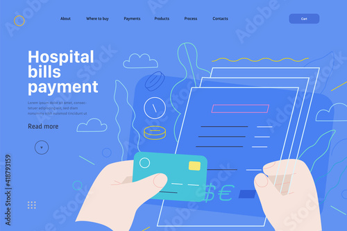 Medical insurance web page template- hospital bills payment -modern flat vector concept digital illustration - patient signing a stack of invoices, holding a credit card, medical service metaphor