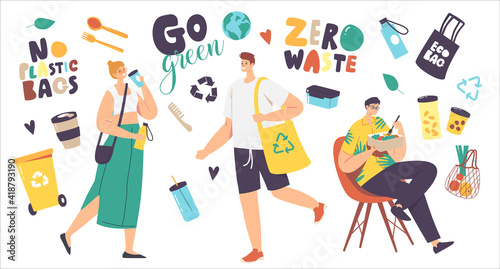 Zero Waste Concept. People Visit Shop with Reusable Eco Bags and Packages. Characters Use Ecological Recycling Packing